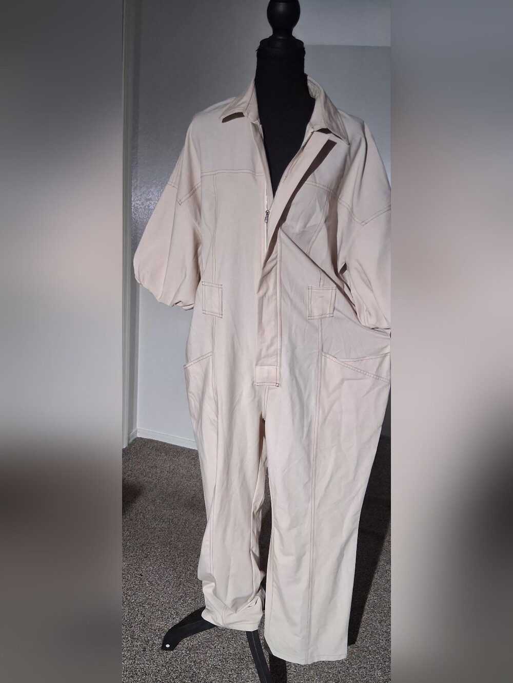 Kittenish Cream Utility Jumpsuit with Short Puff Sleeves